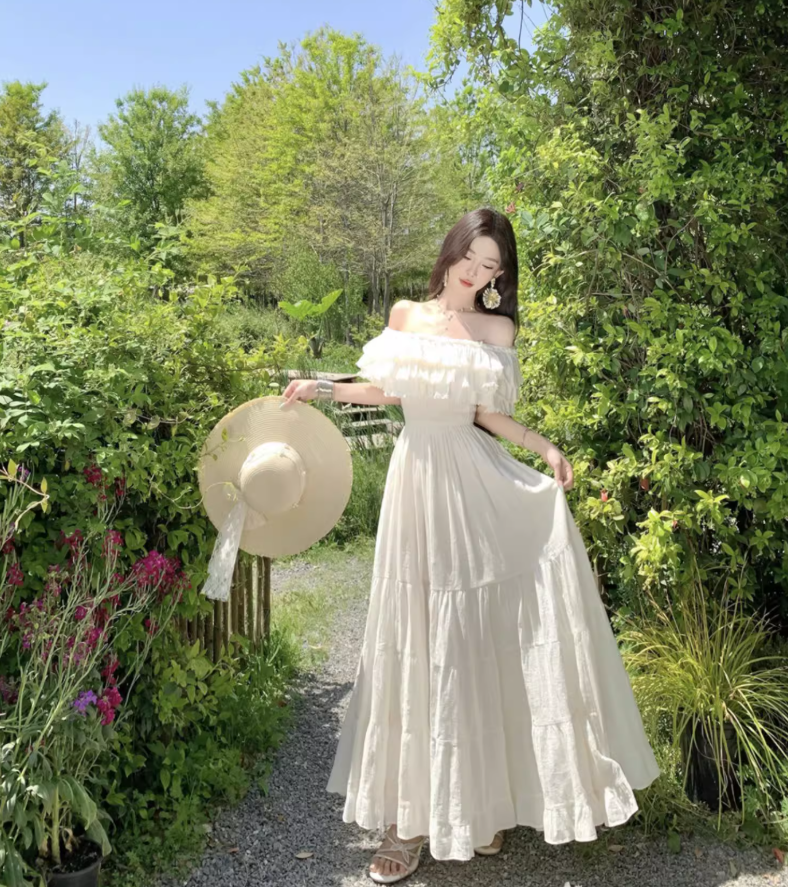 Off-Shoulder Ruffles Layered Strapless Maxi Dress Ethereal Vacation Outfit Long Dress AP0696