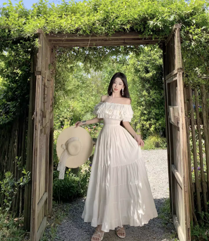 Off-Shoulder Ruffles Layered Strapless Maxi Dress Ethereal Vacation Outfit Long Dress AP0696