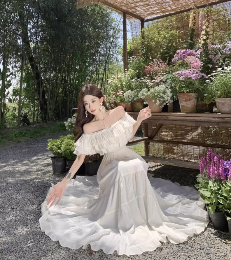 Off-Shoulder Ruffles Layered Strapless Maxi Dress Ethereal Vacation Outfit Long Dress AP0696