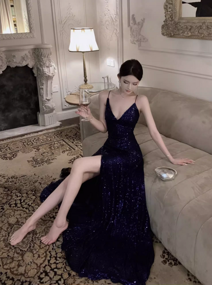 Elegant High-Slit V-Neck Maxi Dress Spaghetti Strap Backless Sequins Sheen Long Dress AP0697