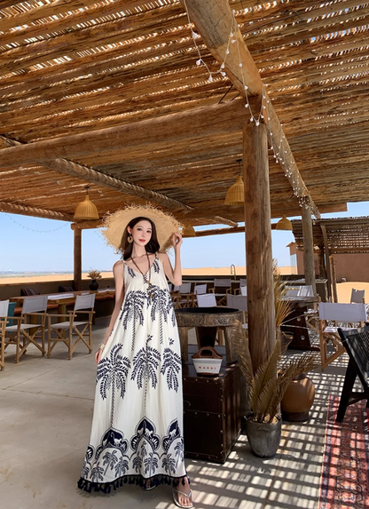 Retro Printed Bohemian V-Neck Maxi Dress Spaghetti Strap Loose Style Long Dress AP0698