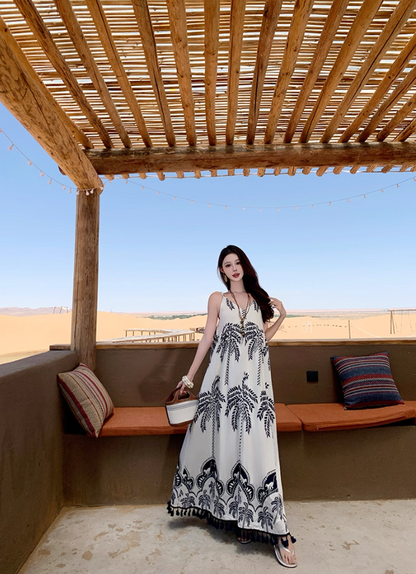 Retro Printed Bohemian V-Neck Maxi Dress Spaghetti Strap Loose Style Long Dress AP0698