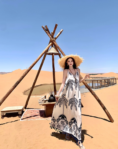 Retro Printed Bohemian V-Neck Maxi Dress Spaghetti Strap Loose Style Long Dress AP0698
