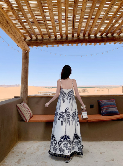 Retro Printed Bohemian V-Neck Maxi Dress Spaghetti Strap Loose Style Long Dress AP0698