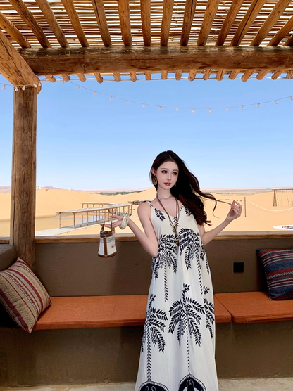 Retro Printed Bohemian V-Neck Maxi Dress Spaghetti Strap Loose Style Long Dress AP0698