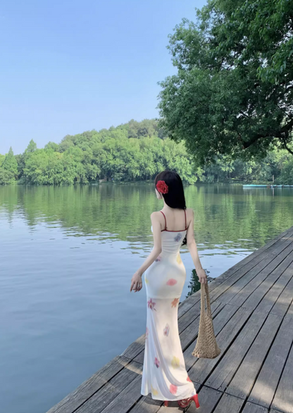 Eye-Catching Waist-Cinched Mermaid Dress Spaghetti Strap Dopamine Colorful Printed Long Dress AP0699