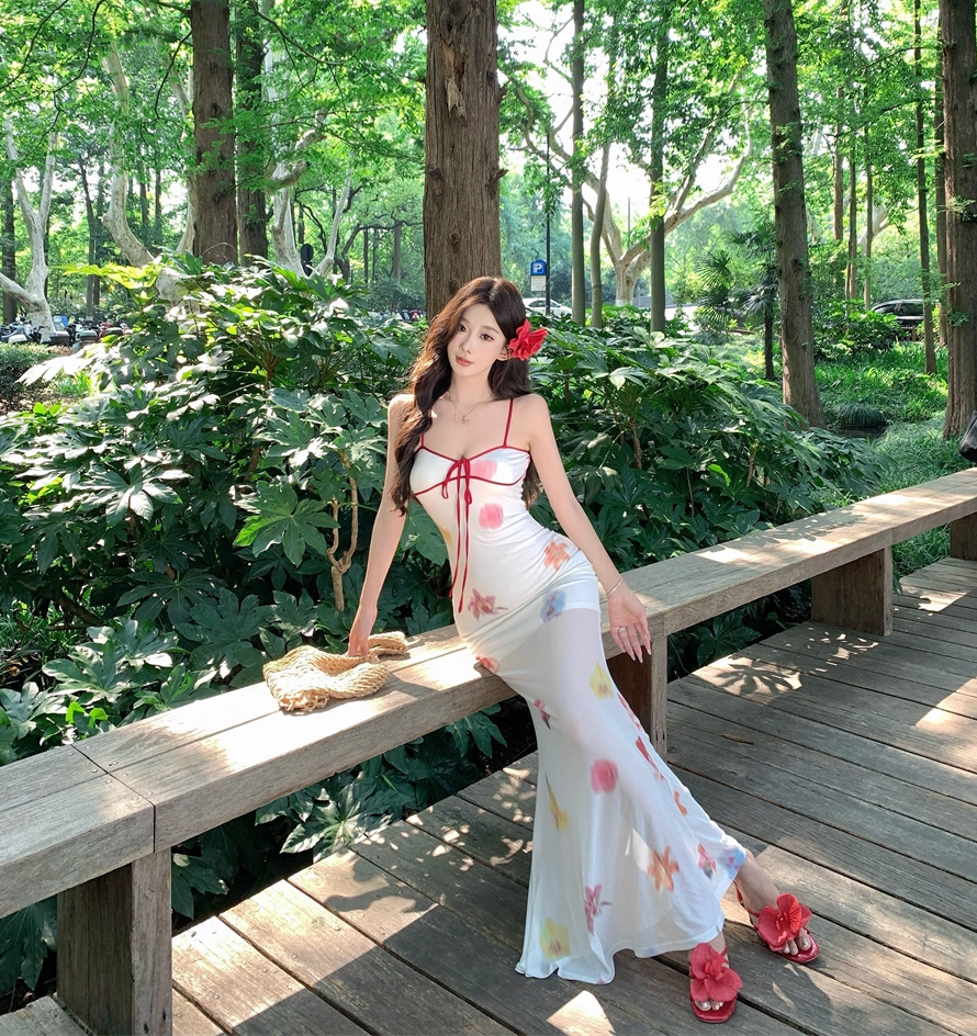 Eye-Catching Waist-Cinched Mermaid Dress Spaghetti Strap Dopamine Colorful Printed Long Dress AP0699