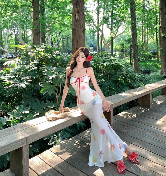 Eye-Catching Waist-Cinched Mermaid Dress Spaghetti Strap Dopamine Colorful Printed Long Dress AP0699