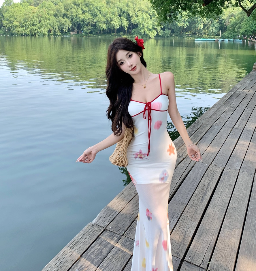 Eye-Catching Waist-Cinched Mermaid Dress Spaghetti Strap Dopamine Colorful Printed Long Dress AP0699