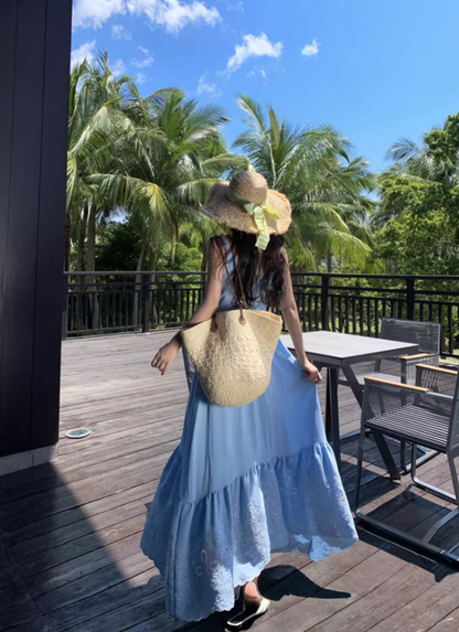 Island Holiday V-Neck Retro Maxi Dress Loose Style Spaghetti Strap Long Dress AP0700