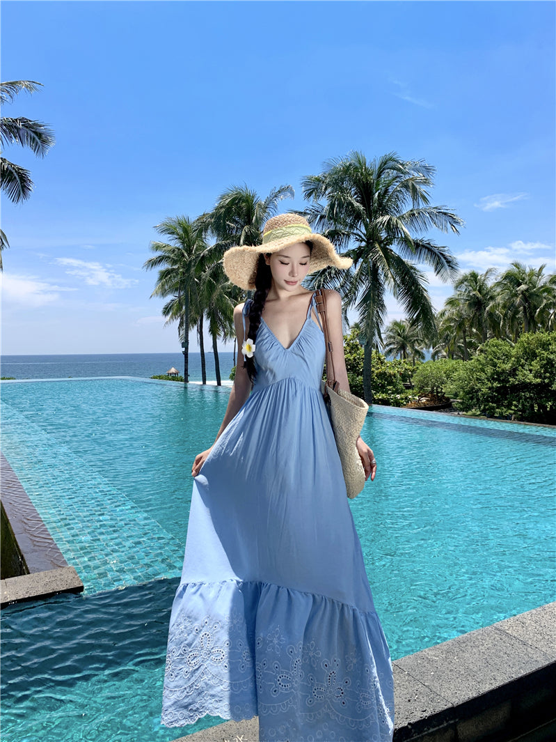 Island Holiday V-Neck Retro Maxi Dress Loose Style Spaghetti Strap Long Dress AP0700