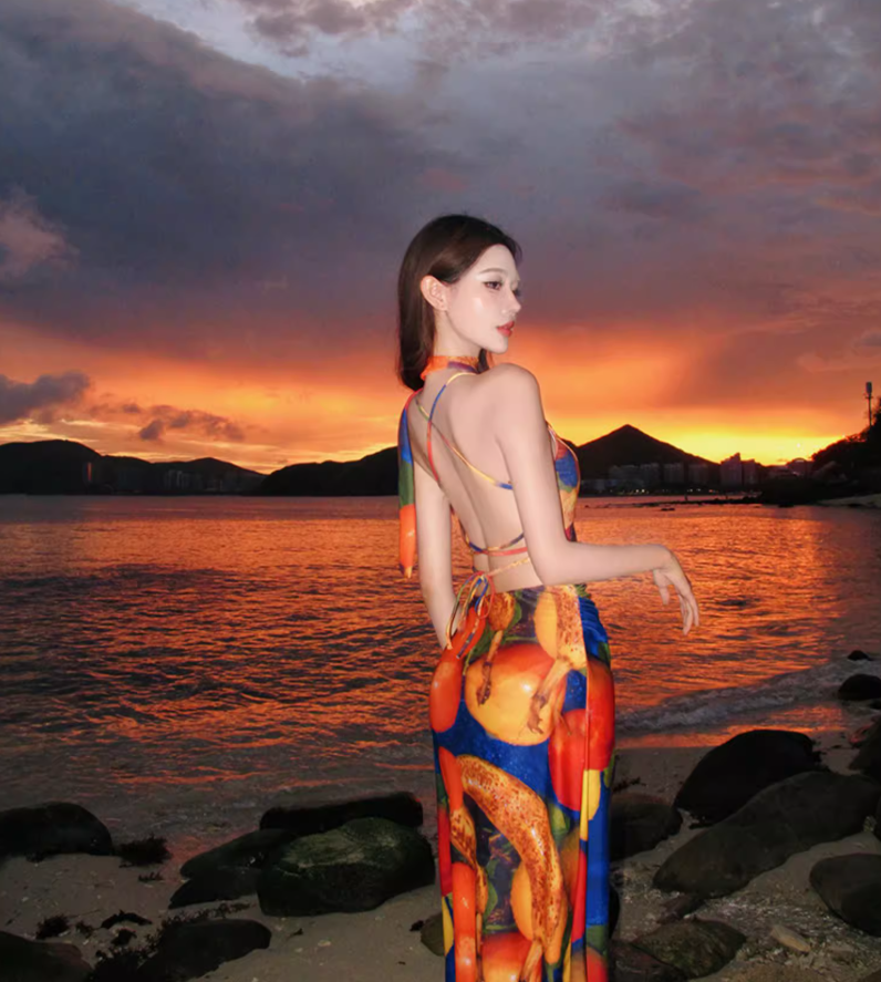 Dopamine Colorful Printed Maxi Dress Chic Gen Z Girl Vintage Sheath Halter Long Dress AP0701