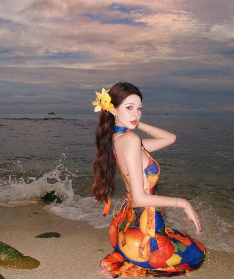 Dopamine Colorful Printed Maxi Dress Chic Gen Z Girl Vintage Sheath Halter Long Dress AP0701