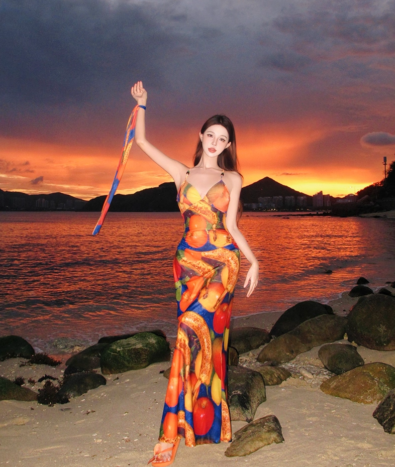 Dopamine Colorful Printed Maxi Dress Chic Gen Z Girl Vintage Sheath Halter Long Dress AP0701