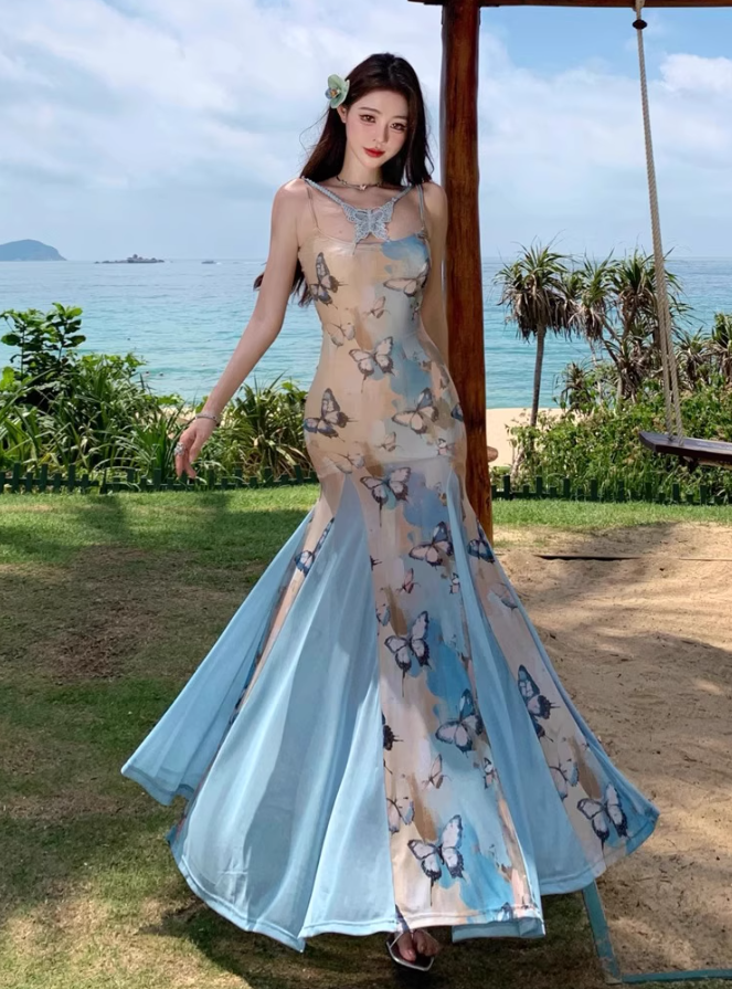 Chic Floral Print Bodycon Maxi Dress Spaghetti Strap Tulle Splicing Mermaid Long Dress AP0702