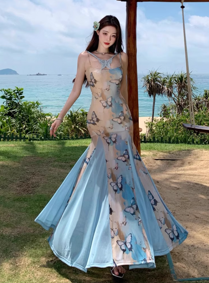 Chic Floral Print Bodycon Maxi Dress Spaghetti Strap Tulle Splicing Mermaid Long Dress AP0702