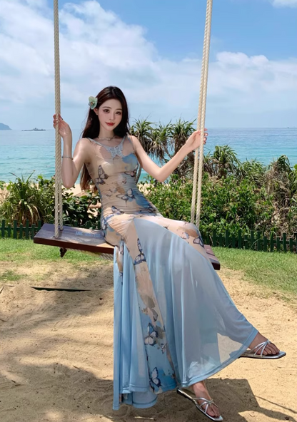 Chic Floral Print Bodycon Maxi Dress Spaghetti Strap Tulle Splicing Mermaid Long Dress AP0702