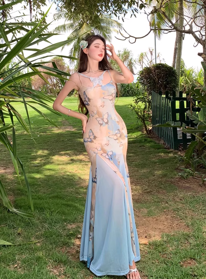 Chic Floral Print Bodycon Maxi Dress Spaghetti Strap Tulle Splicing Mermaid Long Dress AP0702