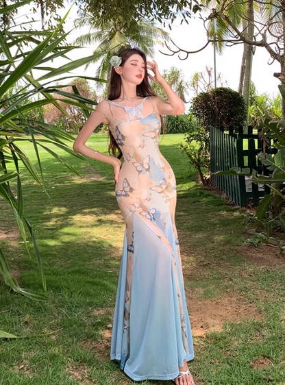 Chic Floral Print Bodycon Maxi Dress Spaghetti Strap Tulle Splicing Mermaid Long Dress AP0702