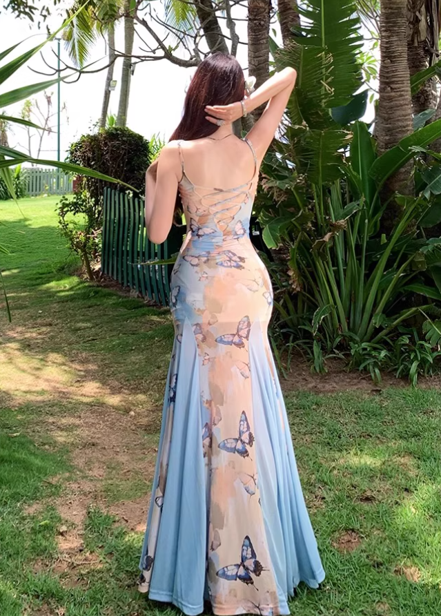 Chic Floral Print Bodycon Maxi Dress Spaghetti Strap Tulle Splicing Mermaid Long Dress AP0702