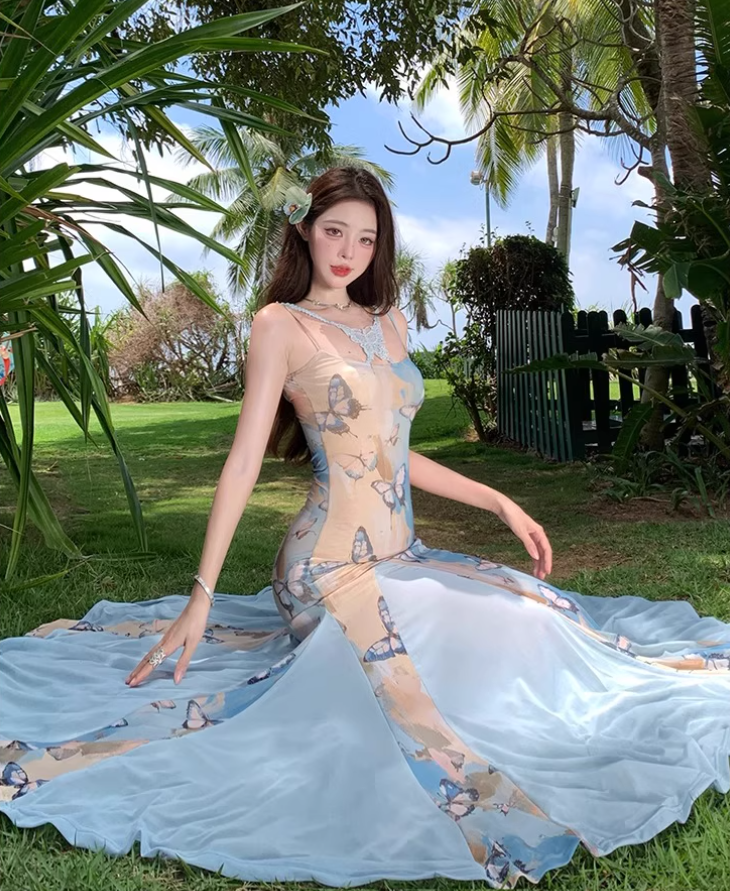 Chic Floral Print Bodycon Maxi Dress Spaghetti Strap Tulle Splicing Mermaid Long Dress AP0702