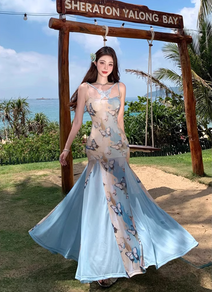 Chic Floral Print Bodycon Maxi Dress Spaghetti Strap Tulle Splicing Mermaid Long Dress AP0702