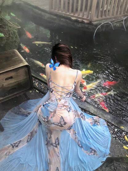 Chic Floral Print Bodycon Maxi Dress Spaghetti Strap Tulle Splicing Mermaid Long Dress AP0702