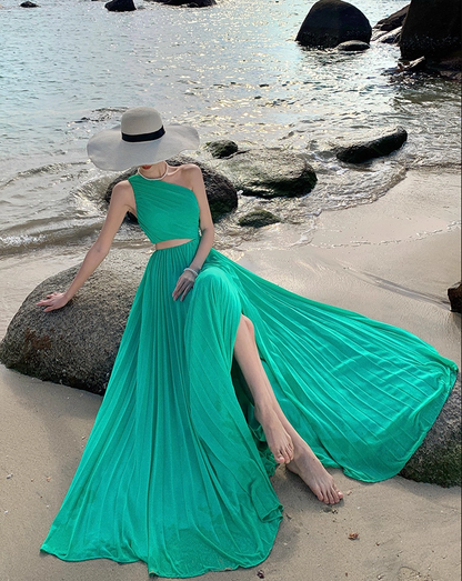 Vibrant One Shoulder High-Slit Maxi Dress Open-Waist Flowy Long Dress AP0703