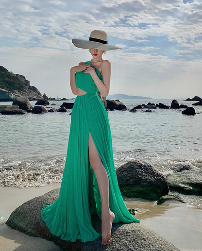 Vibrant One Shoulder High-Slit Maxi Dress Open-Waist Flowy Long Dress AP0703