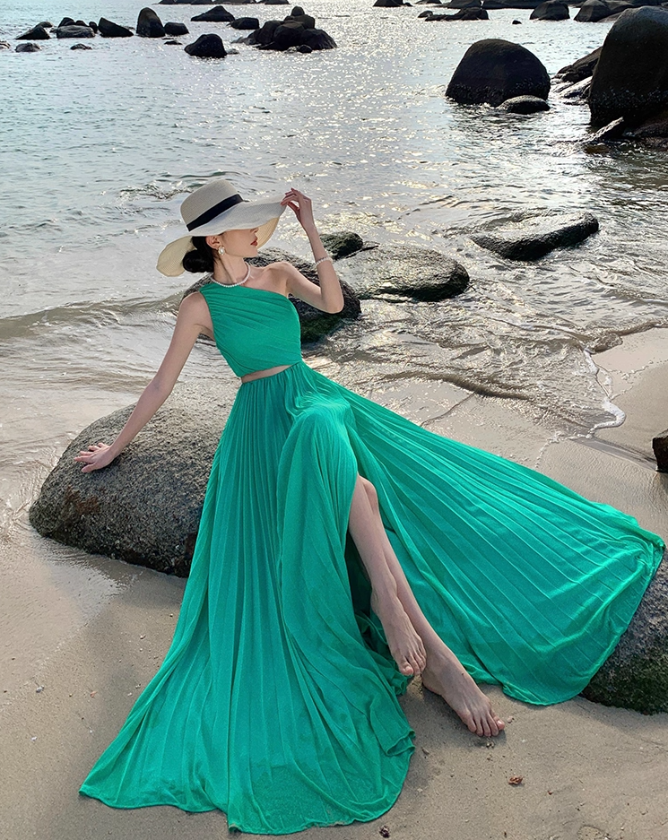 Vibrant One Shoulder High-Slit Maxi Dress Open-Waist Flowy Long Dress AP0703