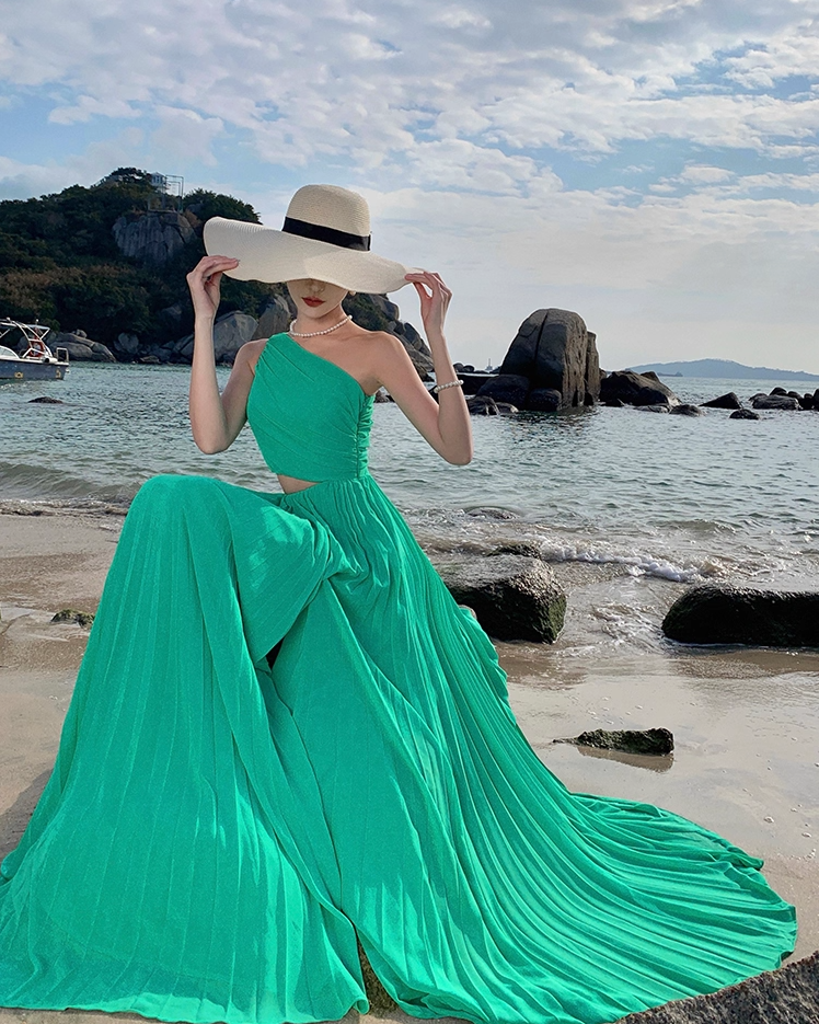 Vibrant One Shoulder High-Slit Maxi Dress Open-Waist Flowy Long Dress AP0703