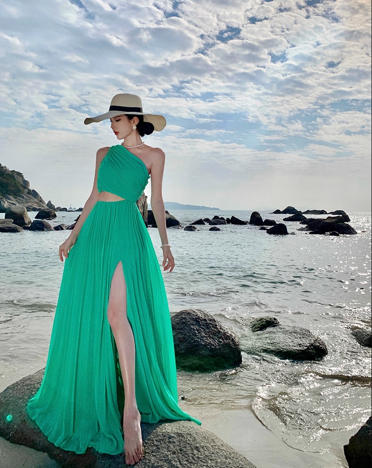 Vibrant One Shoulder High-Slit Maxi Dress Open-Waist Flowy Long Dress AP0703