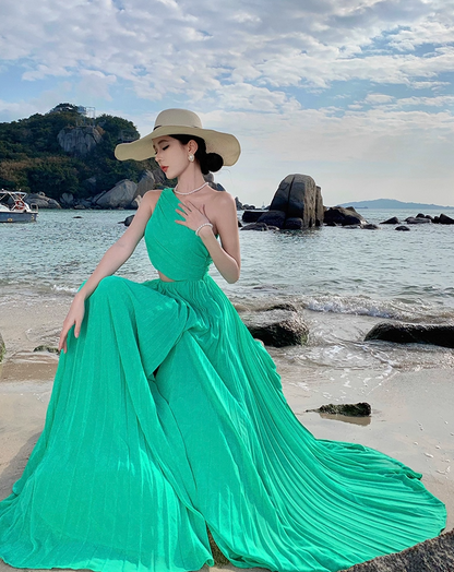 Vibrant One Shoulder High-Slit Maxi Dress Open-Waist Flowy Long Dress AP0703