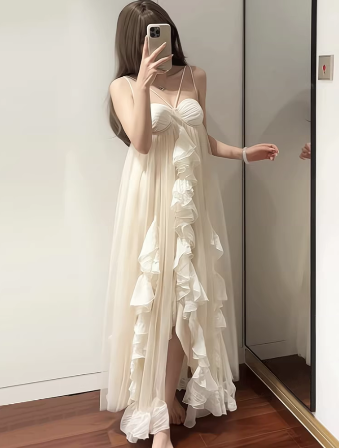 Ethereal Tulle Layered Asymmetrical Hem Maxi Dress Spaghetti Strap Loose Style Long Dress AP0706