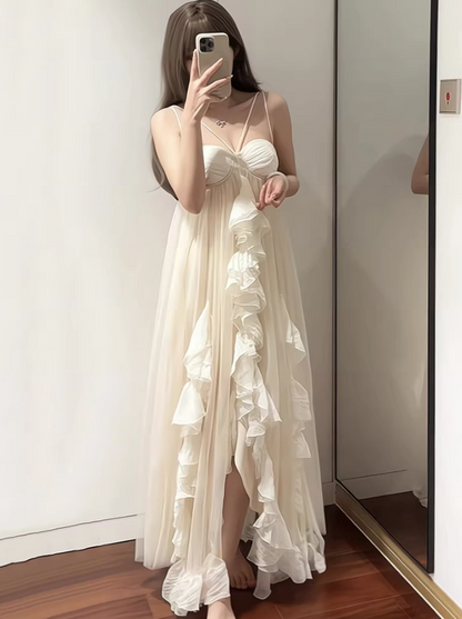 Ethereal Tulle Layered Asymmetrical Hem Maxi Dress Spaghetti Strap Loose Style Long Dress AP0706