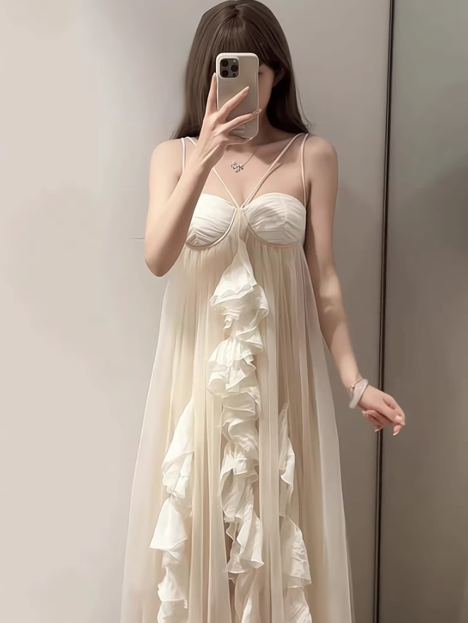Ethereal Tulle Layered Asymmetrical Hem Maxi Dress Spaghetti Strap Loose Style Long Dress AP0706