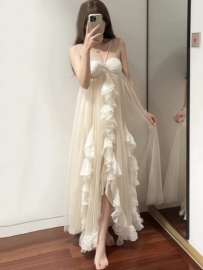 Ethereal Tulle Layered Asymmetrical Hem Maxi Dress Spaghetti Strap Loose Style Long Dress AP0706