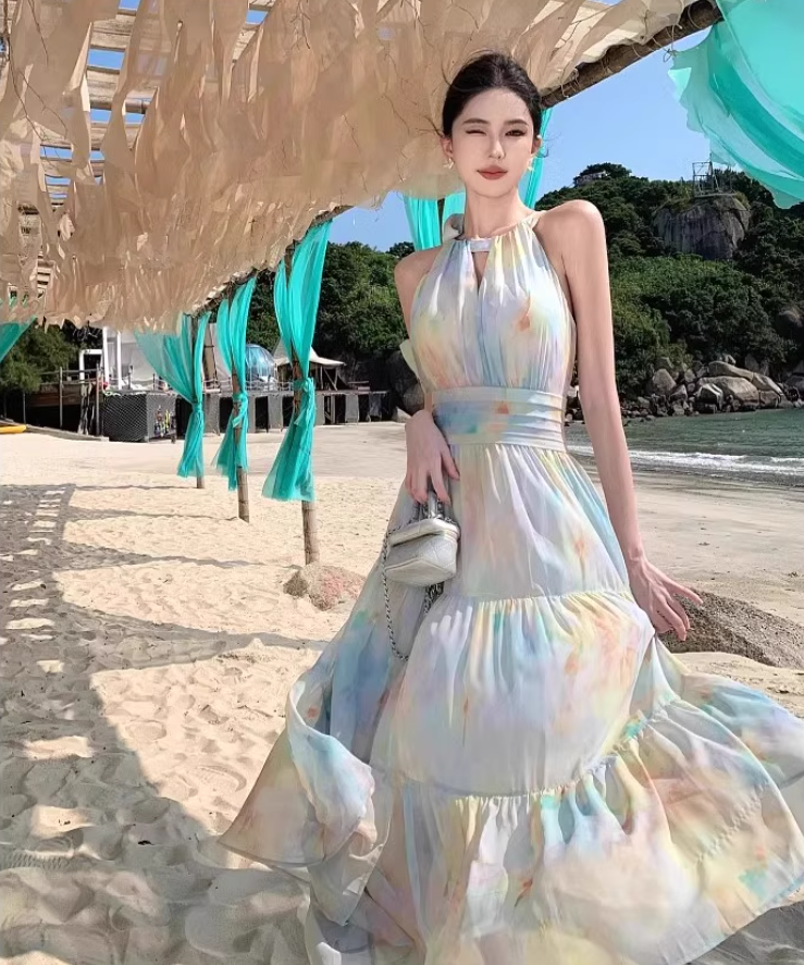 Colorful Oil Painting Style Oversize Maxi Dress Seaside Vacation Hollow-Out Long Dress AP0707