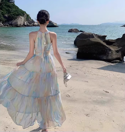 Colorful Oil Painting Style Oversize Maxi Dress Seaside Vacation Hollow-Out Long Dress AP0707