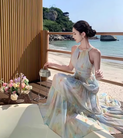 Colorful Oil Painting Style Oversize Maxi Dress Seaside Vacation Hollow-Out Long Dress AP0707