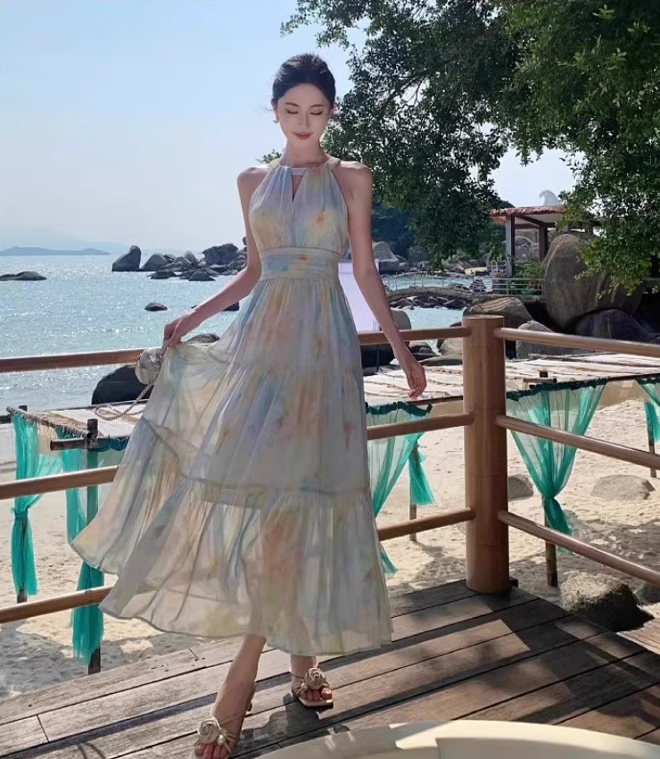 Colorful Oil Painting Style Oversize Maxi Dress Seaside Vacation Hollow-Out Long Dress AP0707