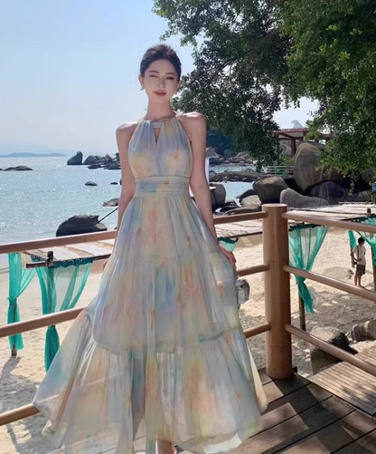 Colorful Oil Painting Style Oversize Maxi Dress Seaside Vacation Hollow-Out Long Dress AP0707