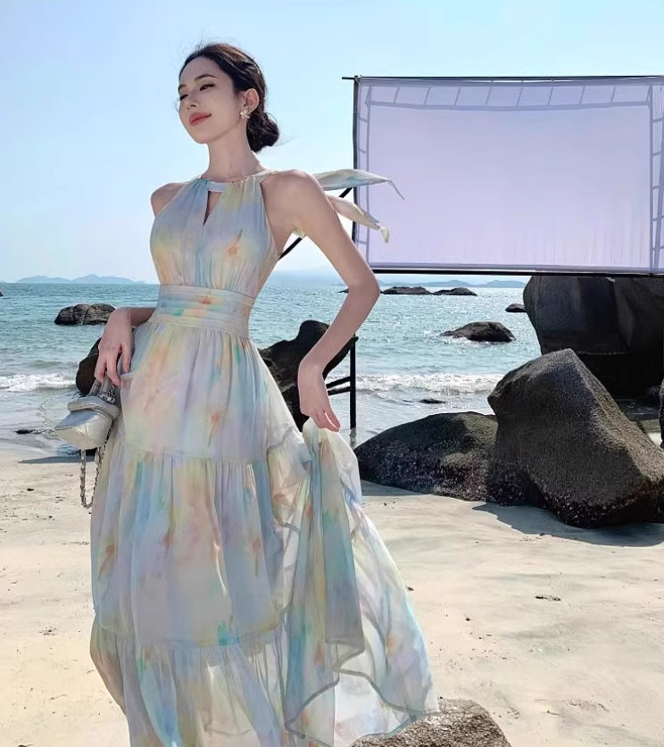Colorful Oil Painting Style Oversize Maxi Dress Seaside Vacation Hollow-Out Long Dress AP0707