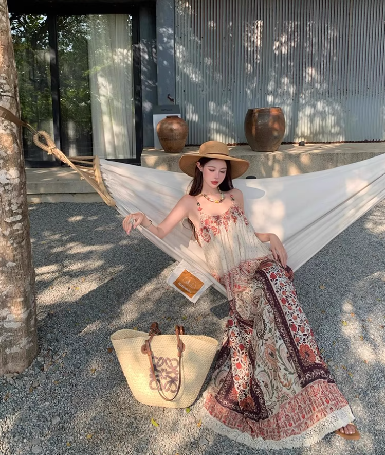 Boho Tie-Back Retro Ethnic Maxi Dress Loose Style Spaghetti Strap Long Dress AP0708