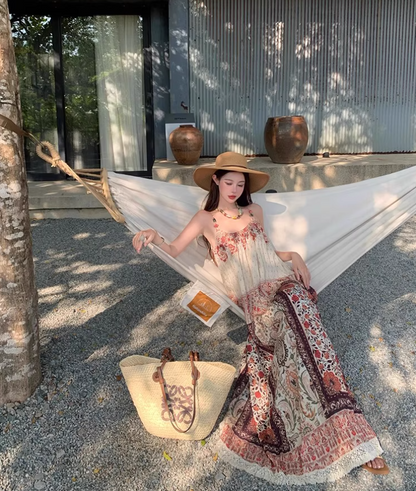 Boho Tie-Back Retro Ethnic Maxi Dress Loose Style Spaghetti Strap Long Dress AP0708