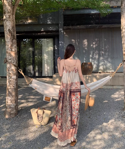 Boho Tie-Back Retro Ethnic Maxi Dress Loose Style Spaghetti Strap Long Dress AP0708