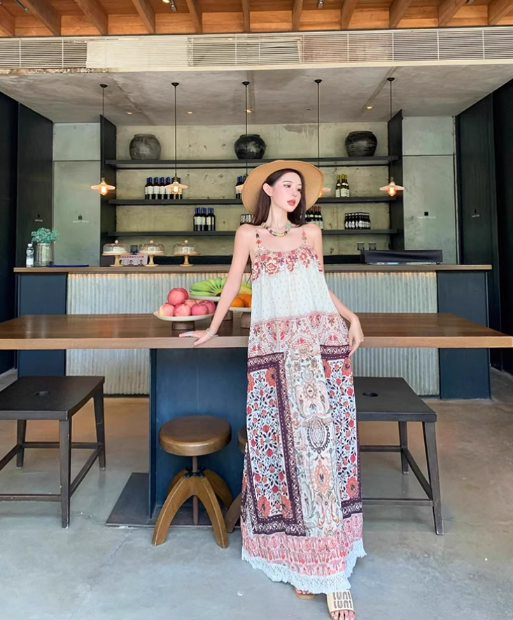 Boho Tie-Back Retro Ethnic Maxi Dress Loose Style Spaghetti Strap Long Dress AP0708