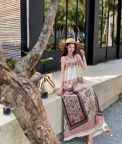 Boho Tie-Back Retro Ethnic Maxi Dress Loose Style Spaghetti Strap Long Dress AP0708
