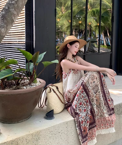 Boho Tie-Back Retro Ethnic Maxi Dress Loose Style Spaghetti Strap Long Dress AP0708