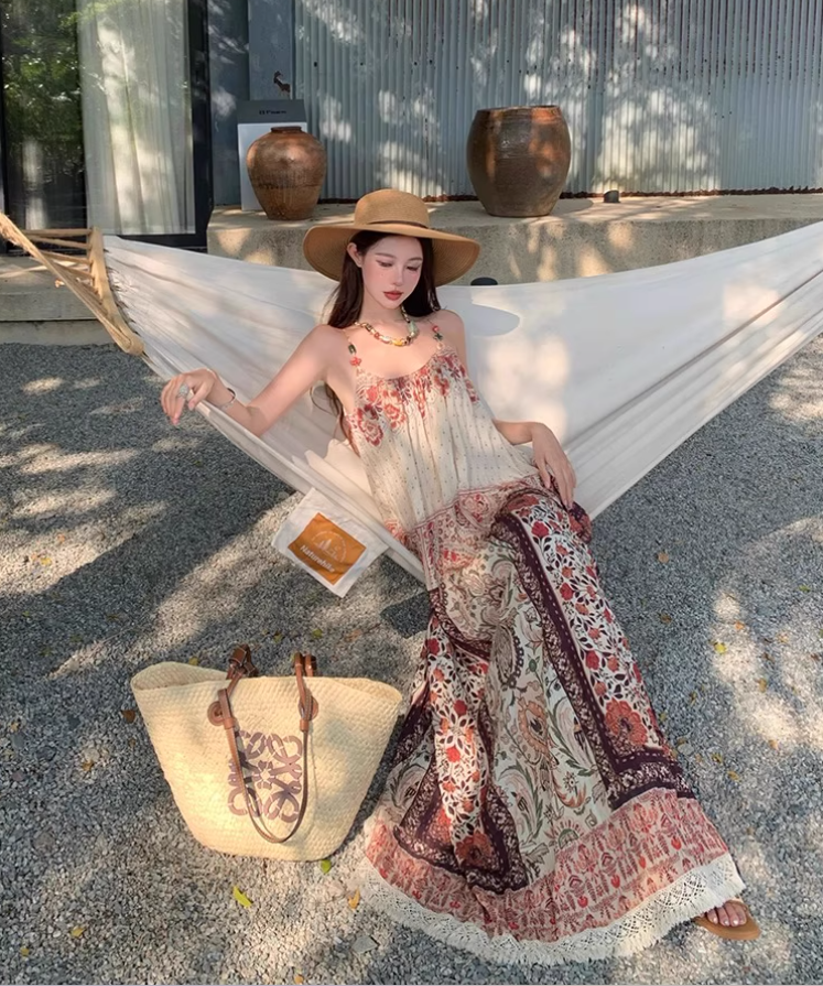 Boho Tie-Back Retro Ethnic Maxi Dress Loose Style Spaghetti Strap Long Dress AP0708